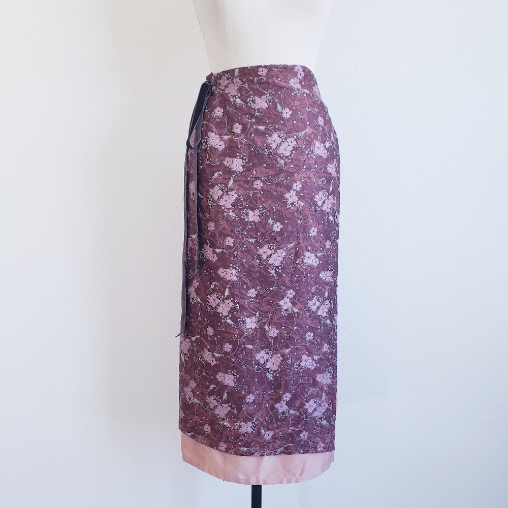 Vintage 00s Maroon And Pink Silk Wrap Skirt